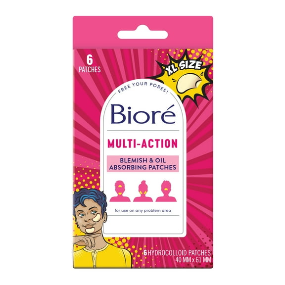 Bioré Pimple Patch, Multi-Action Acne Patches, XL, Blemish and Oil Absorbing, Hydrocolloid, 6 Ct