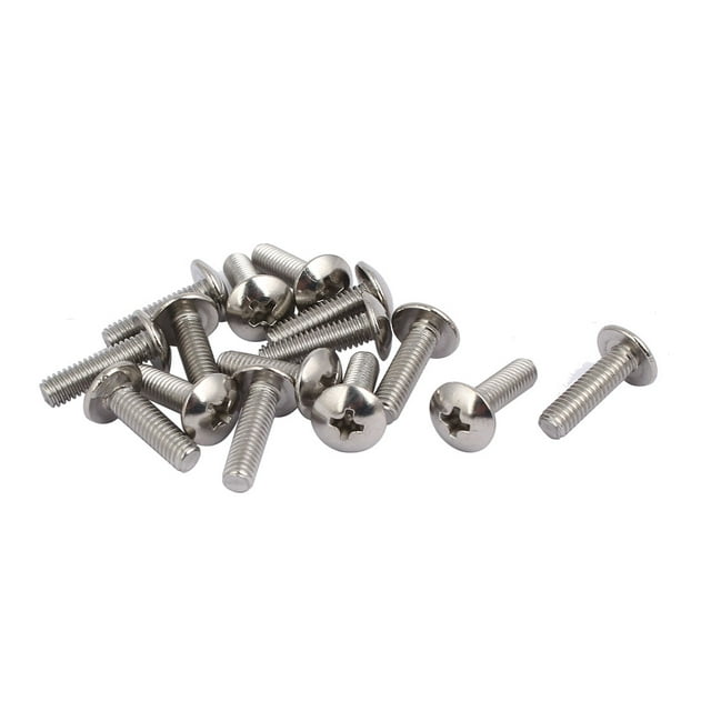 M4 x 14mm 316 stainless steel truss Phillips head machine screws, set of 15 pieces. Features a truss head design and silver tone finish. Made from durable 316 stainless steel, suitable for industrial, construction, and machinery applications, as well as home and office appliances. Each screw has a thread size of M4 x 14mm, a total length of 16mm, and a head diameter of 9mm.