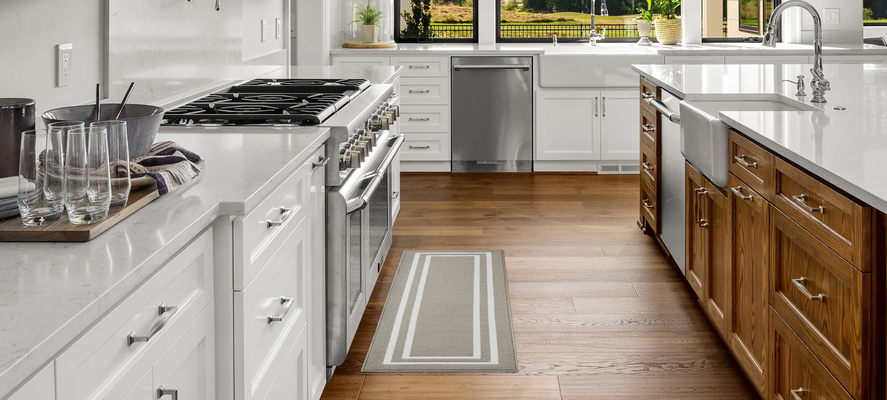 Washable Skid-Resistant Runner Rug, Border, Light Grey and White, 26" x 45"