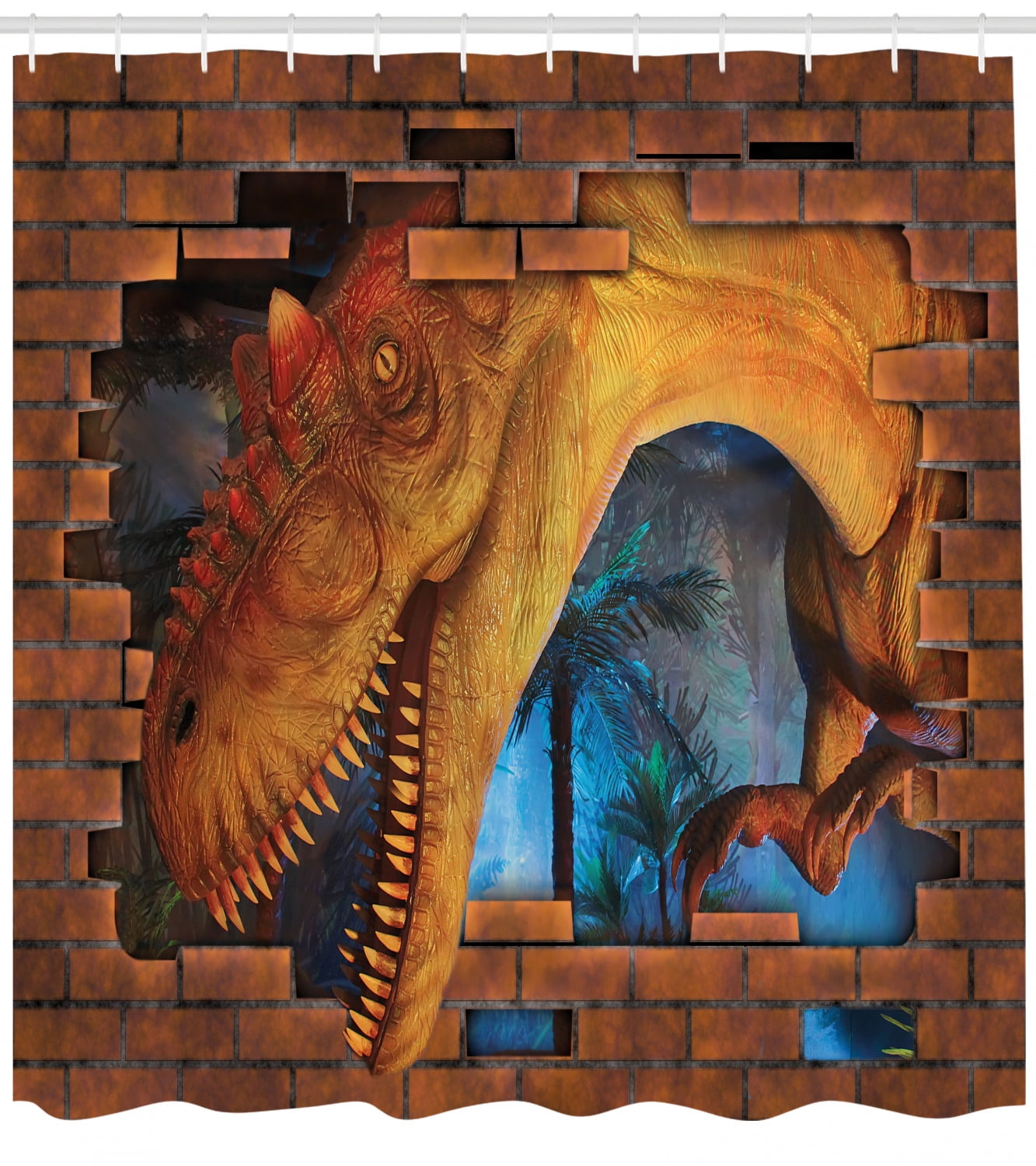 Dinosaur Shower Curtain, Tyrannosaurus Breaks a Brick Wall ...