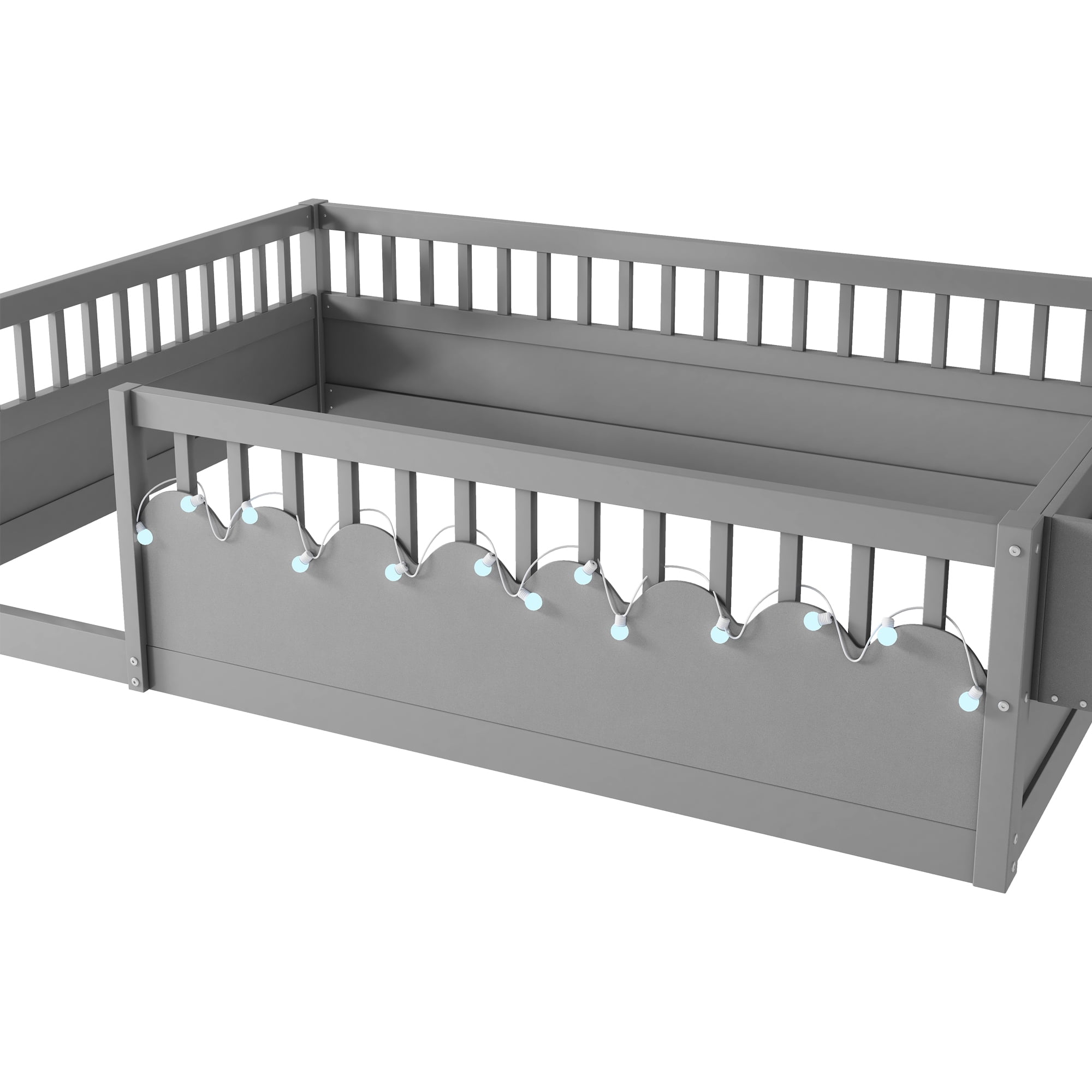 Full Size Toddler Floor Bed Frame, Montessori Floor Bed with Guardrails, Pine Wood Bed Frame for Kids, No Slats Included, Gray