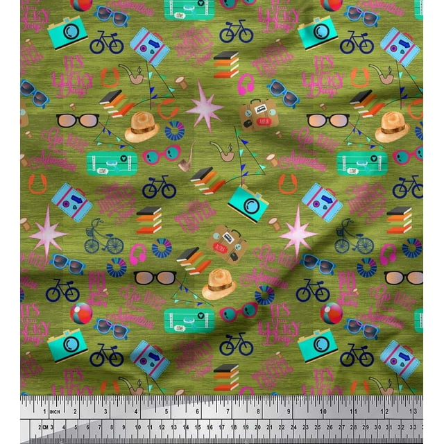 Soimoi Rayon Fabric Camera,Hat & Briefcase Travel Print Fabric by Yard 42 Inch Wide