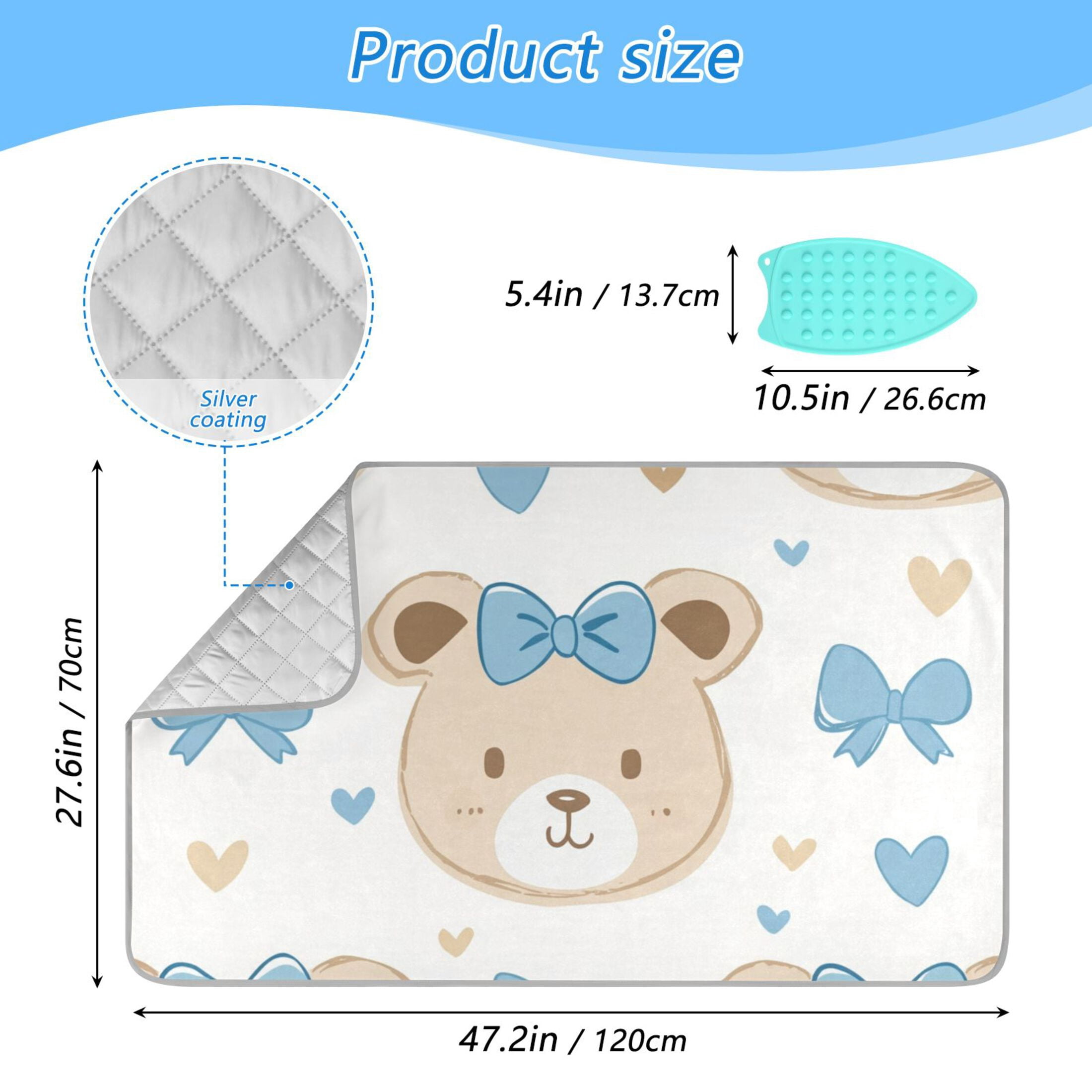 Cute Bear Faces Blue Bowknots Hearts Ironing Mat Blanket Portable Travel Ironing Pad Heat Resistant Pad 47.2" x 27.6”