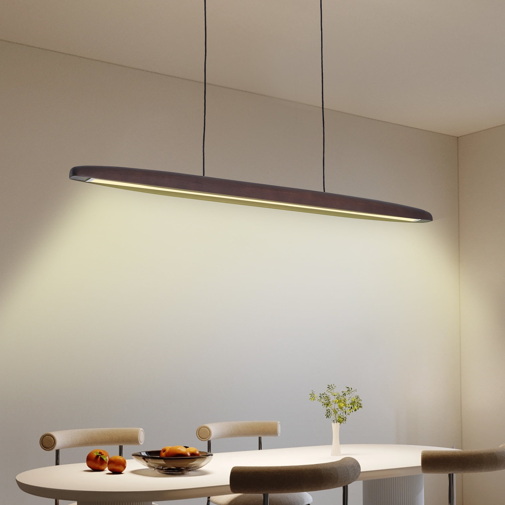 51 Inch Wood Linear Pendant Light Dimmable LED Fixture with Remote for Dining Room Kitchen Island