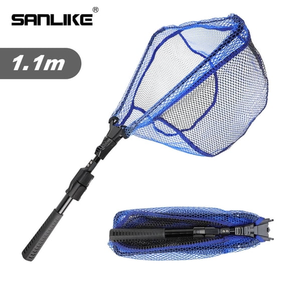SANLIKE Fishing Net Folding Landing Net with Fibergalss Telescopic Pole and Handle Rubber Coated Mesh Net for Fishing Freshwater Saltwater 3.6FT