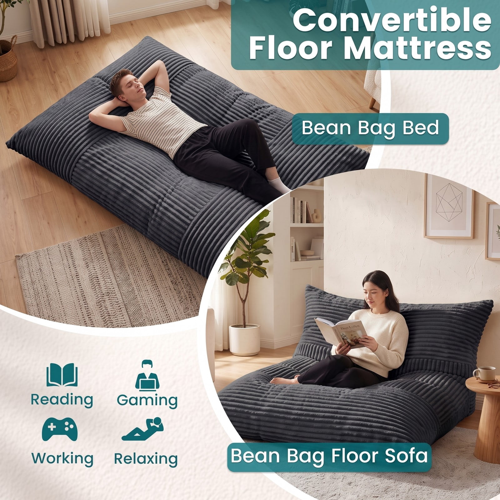 Furnibear Convertible Bean Bag Floor Sofa, Machine-Washable Corduroy Cover Shredded Foam Lounger Bean Bag Bed for Living Room Dorm Gaming Reading, Dark Gray