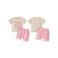 thumbnail image 2 of BemeyourBBs Toddler Baby Girl Summer Outfit Baby Girl Daddy's Girl Mommy's World Clothes 3 6 12 18 24 Months 2 3Years Letter Short Sleeve T Shirt Tops and Pockets Shorts 2 Pcs Set, 2 of 9