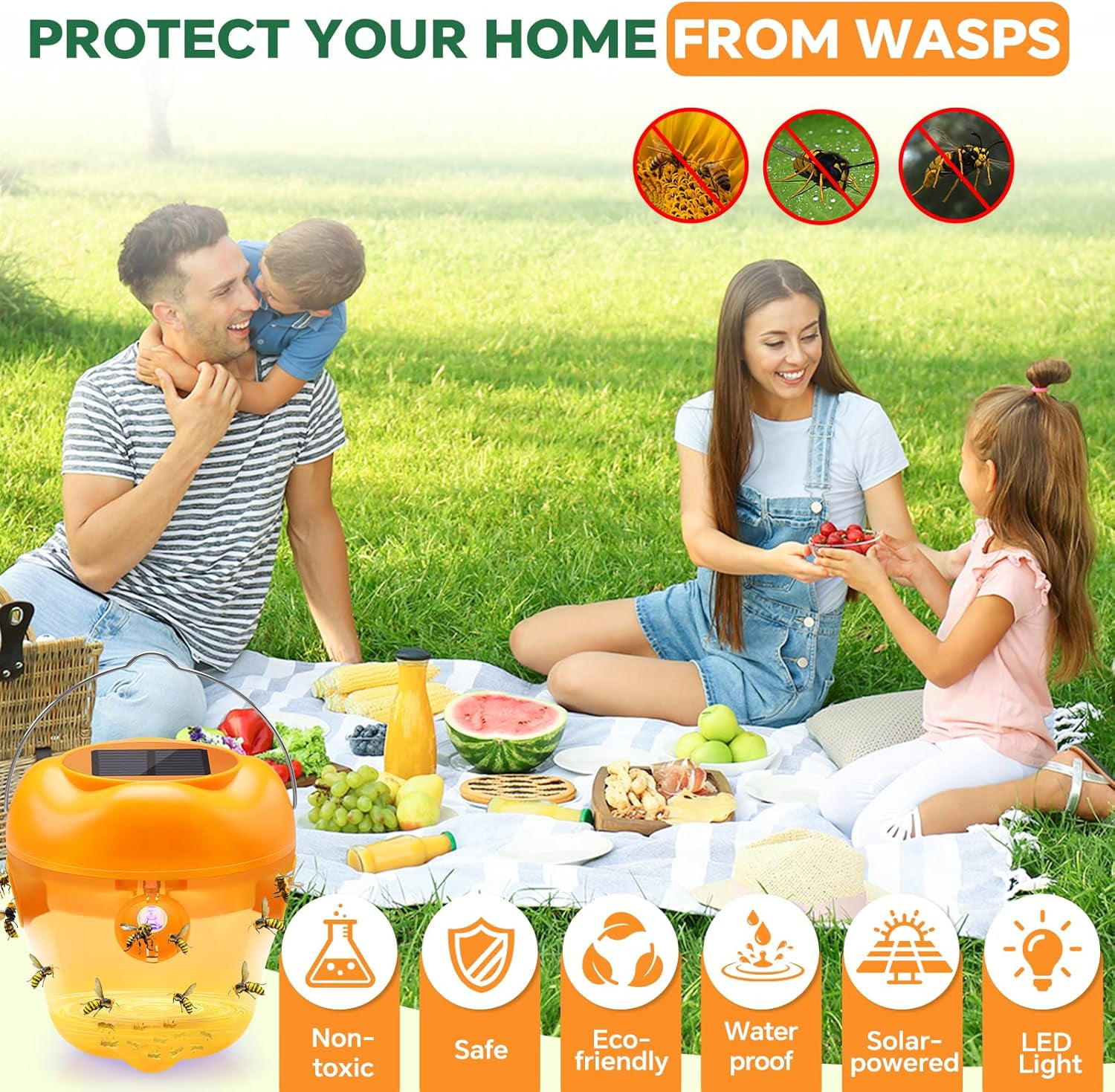 2 PACK Wasp Trap, Solar Wasp Traps Hanging, Reusable Yellow Jacket Bee Traps for Outside with LED Light, Hornet Trap for Orchard, Farm, Garden, Patio, Courtyard (Yellow)
