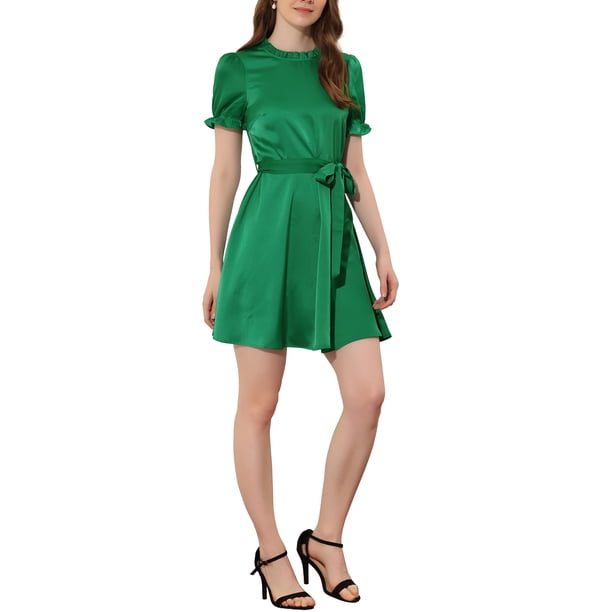 INSPIRE CHIC Women's Ruffle Neck Stand Collar Tie Waist Satin Puff Short Sleeve Dresses Green S