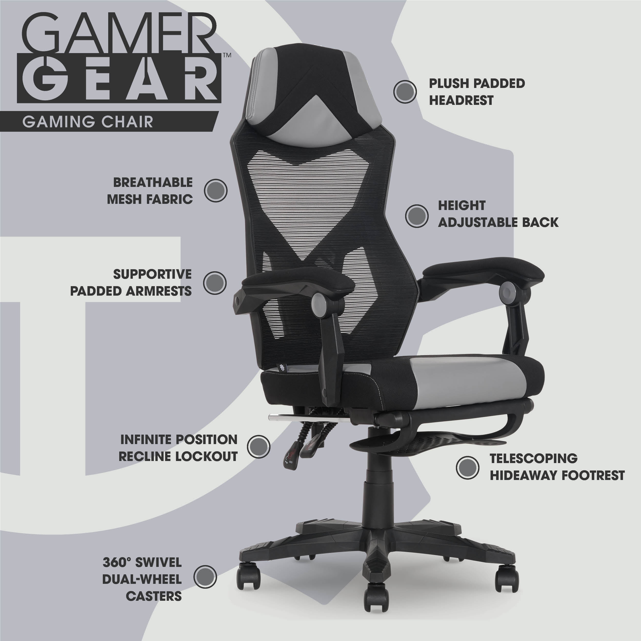 Gamer Gear Gaming Office Chair with Extendable Leg Rest, Gray/Black Fabric Upholstery  (图5) Gamer Gear Gaming Office Chair with Extendable Leg Rest, Gray/Black Fabric Upholstery  (图5)