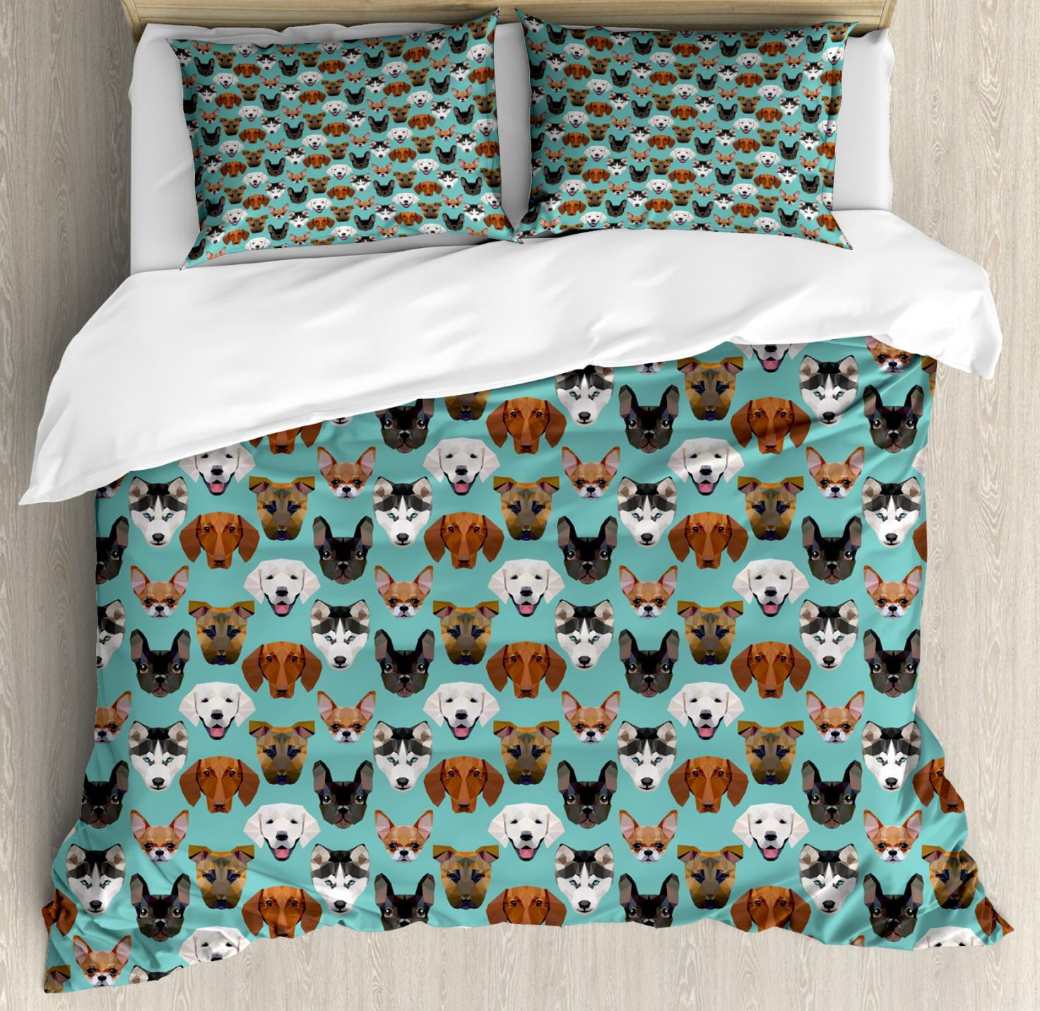 Dogs Duvet Cover Set Queen Size, Polygonal Art Style Different Breed of