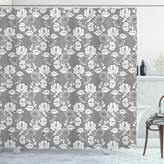 Ambesonne Floral Shower Curtain, Leaves Swirls and Dots, 69"Wx84"L, Grey White