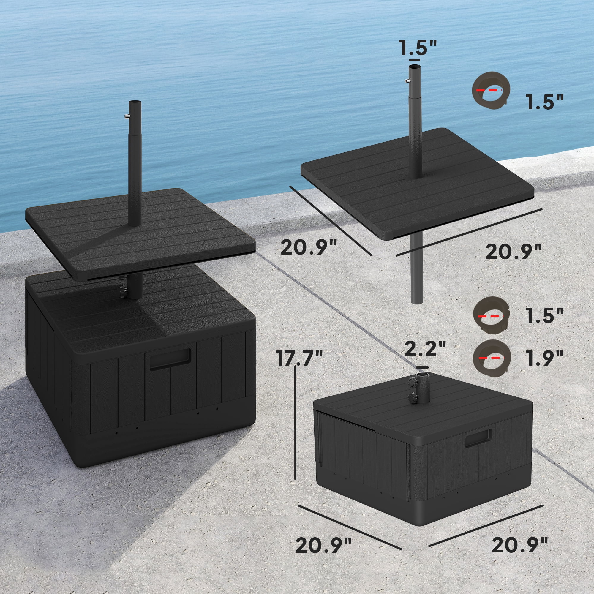 Outsunny Patio Umbrella Base with Table Tray, Heavy Duty Weighted Umbrella Stand with Wheels Handles, 176lbs with Stand Filling, Black