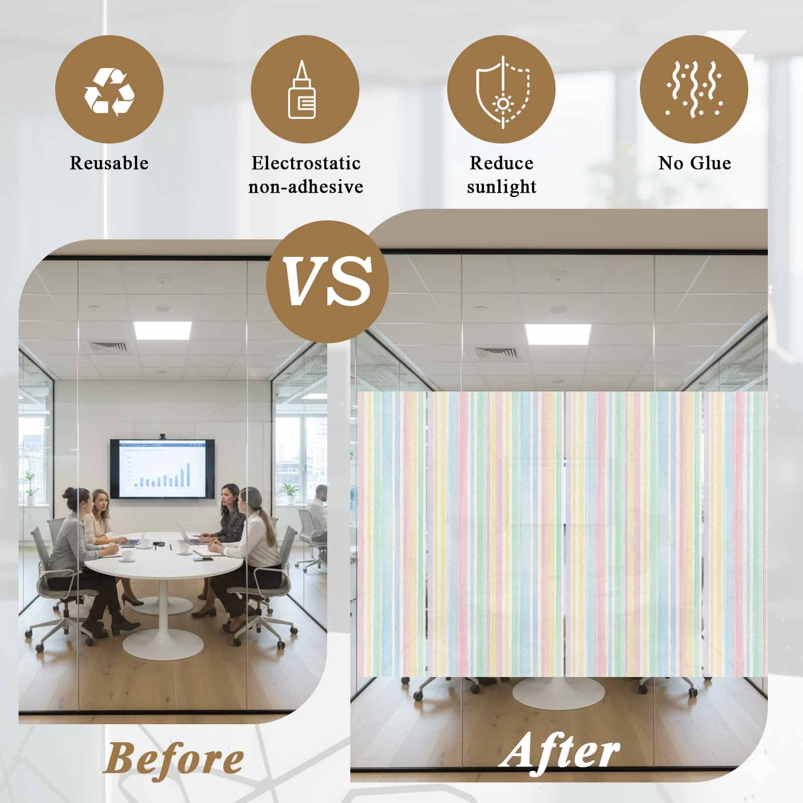 Colorful Stripes Window Privacy Film, Watercolor Rainbow Farmhouse Frosted Glass Window Clings Static Cling UV Heat Blocking Reusable Door Sticker for Bathroom 29.5 x 118 Inch