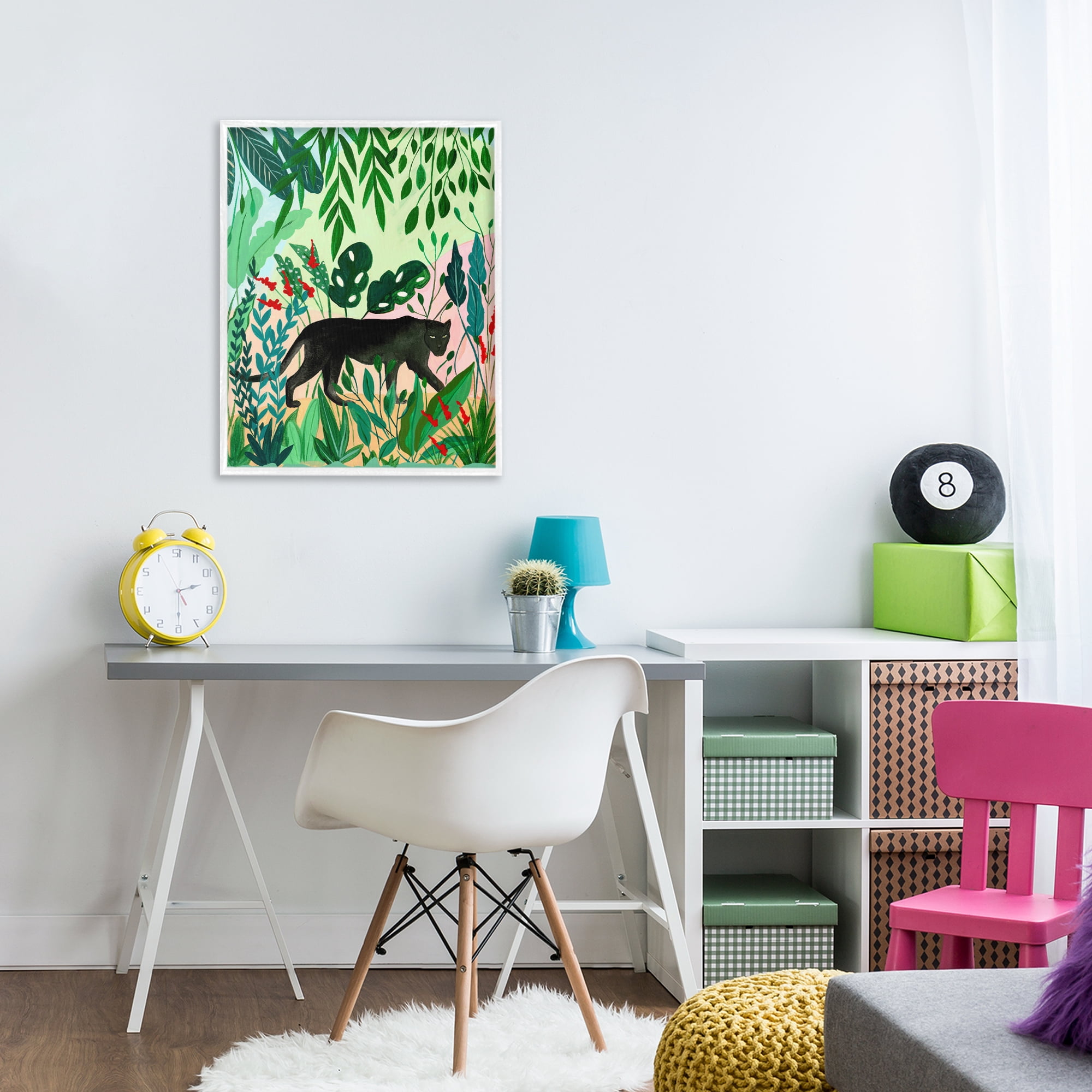 Stoic Panther Tropical Forest White Framed Giclee Art, design by Nabeela Rumi