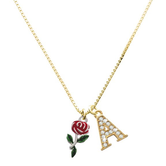 Delight Jewelry Silver-tone Red Rose Flower - Large Goldtone Crystal Initial - A - Charm Necklace, 17.5" 2"