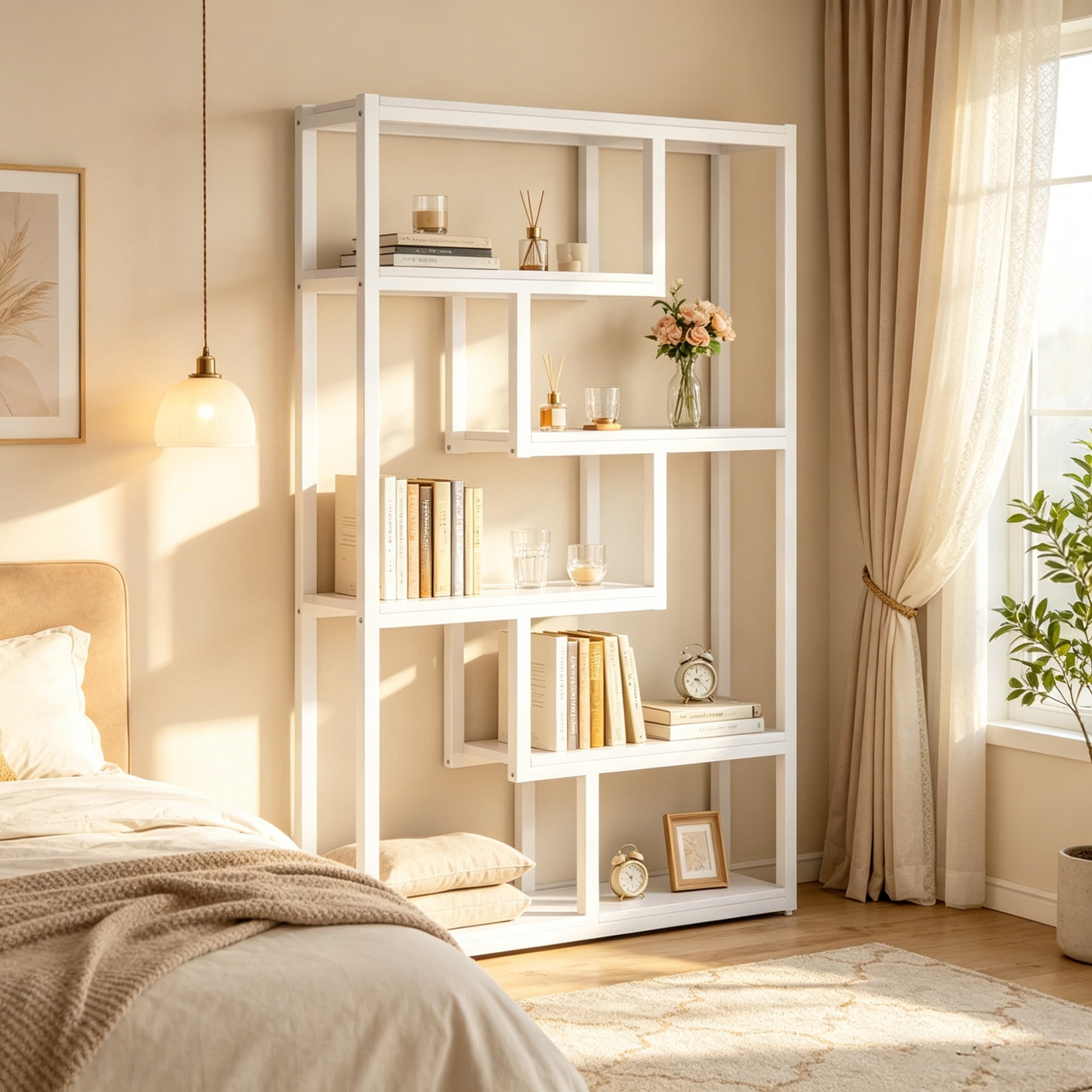69 in Etagere Bookshelf, 5 Tier Bookcase with Stagge Shelves