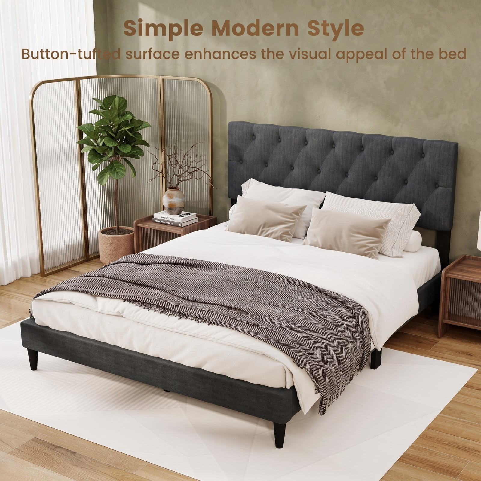 Furnibear Queen Bed Frame, Upholstered Platform Bed Frame with Tufted Wingback Headboard, Queen Bed Frame with Headboard and Slat Support, Gray