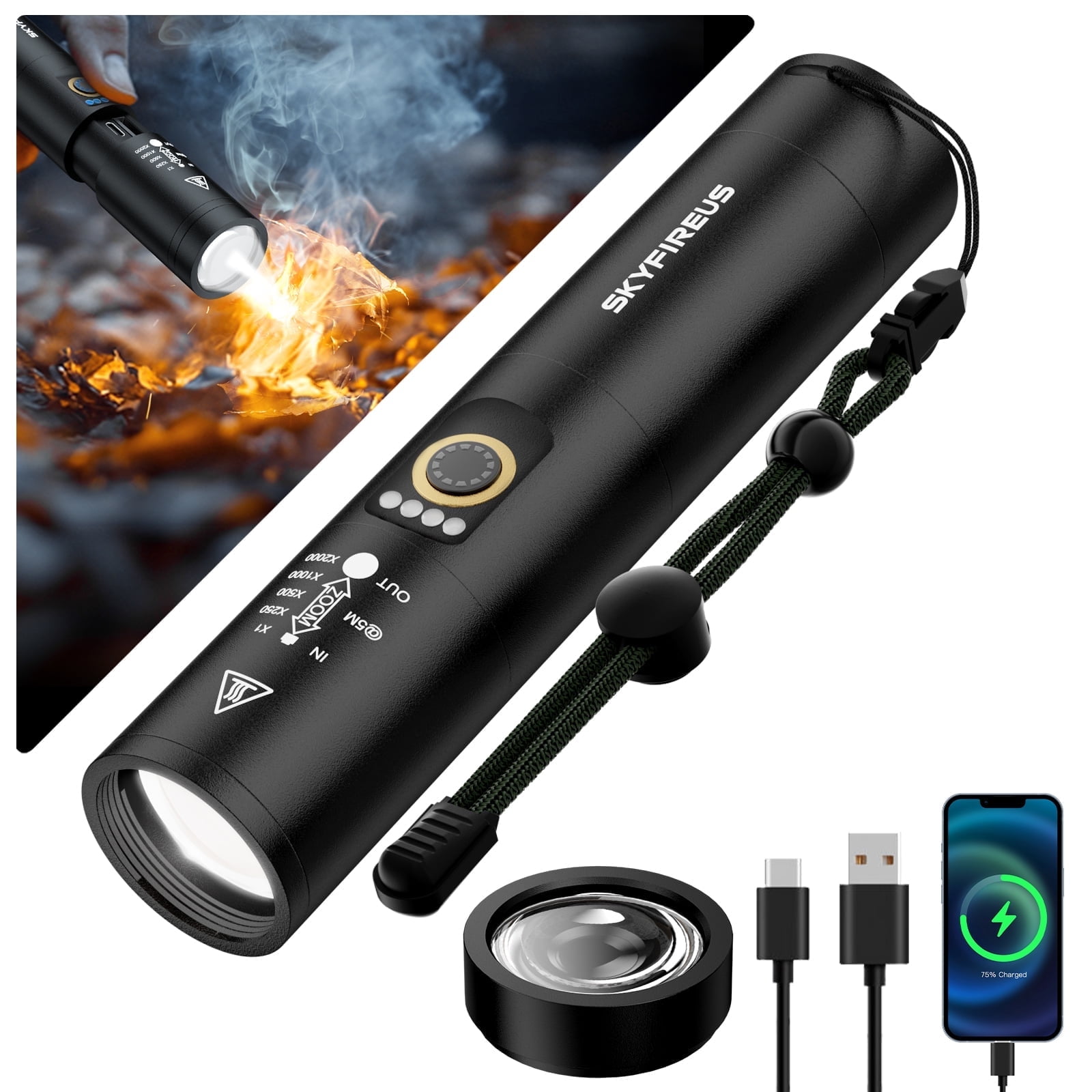 Skyfire Rechargeable Flashlight with Ignition Lens, Ultra-High Lumen LED, Tactical Design, 1PC