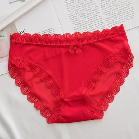 

Greyghost Sexy Solid Color Lace Gauze Bowknot Trim Briefs Comfortable Breathable Low Waist Seamless Panties for Women Red