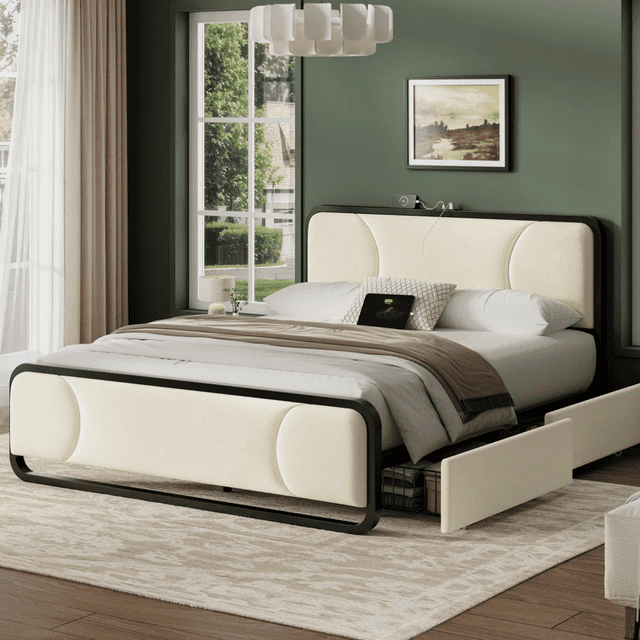 Base Cama Elaborada De Terciopelo Marco de Metal - Cama De 2 Cajones De Almacenamiento, Estación De Carga 1 USB, 1 Tipo C, Apariencia Lujosa, Cálida Al Tacto Ideal para Tu Hogar
