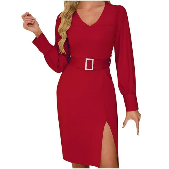 ameIAEA Business Dresses for Women Long Sleeve V Neck Casual Work Belted Dress with Slit
