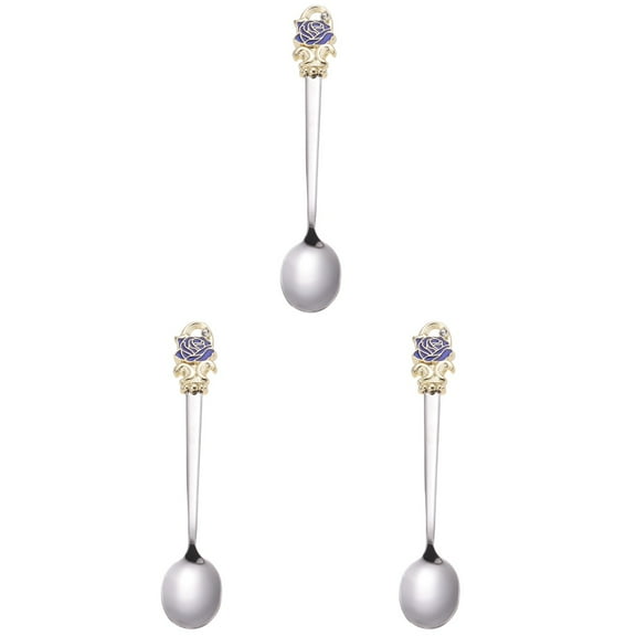 3pcs Stainless Steel Enamel Spoon Coffee Stirring Spoons Delicate Teaspoon Dessert Scoop (Blue Rose)