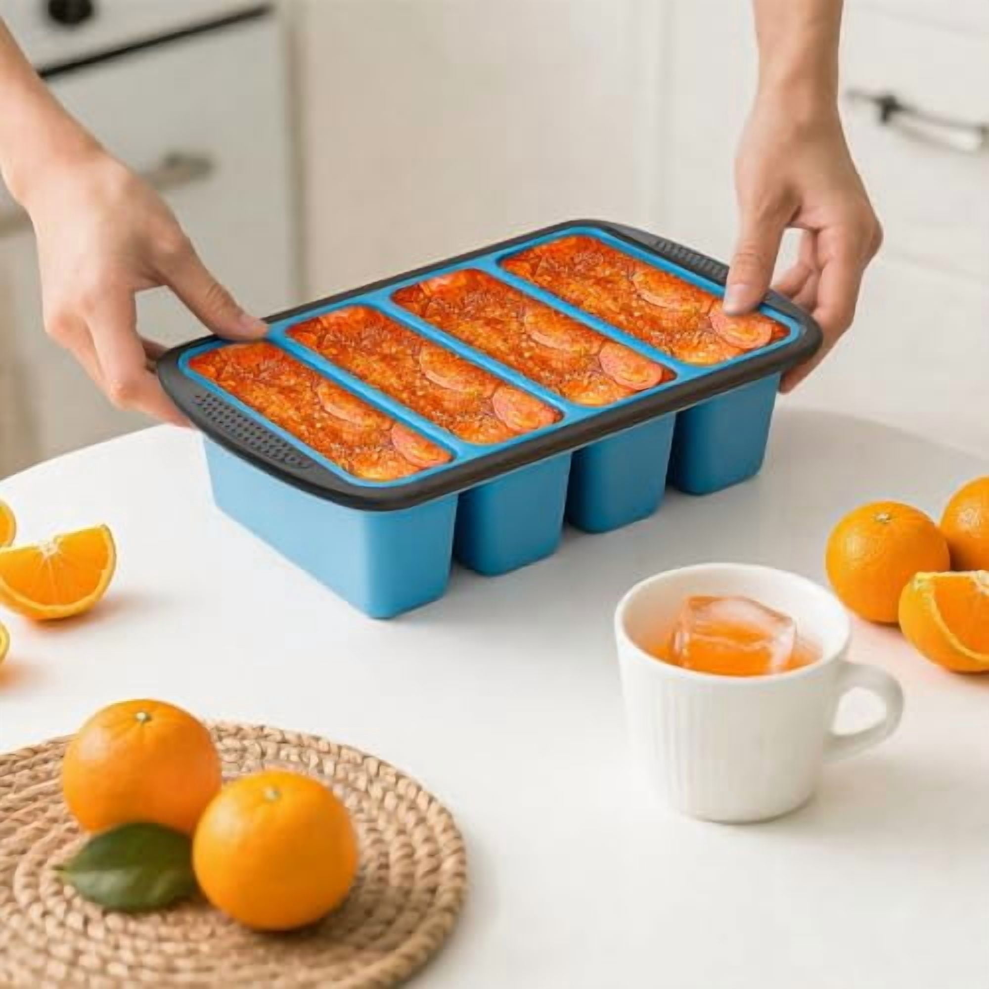 Jumbo Silicone Freezer Tray with Lid, 8 Large 1-Cup Soup Freezer Molds, Meal Prep Soup Containers, Ice Cube Tray for Storing Leftovers, Sauces, Lasagna, 2-Pack
