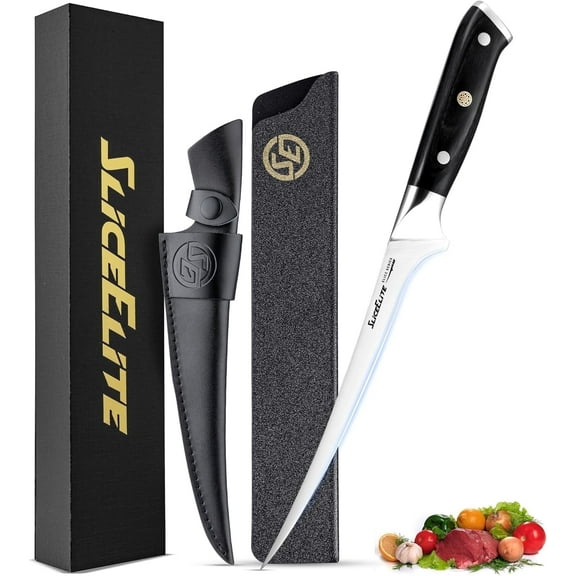 Slice Series 7.5 Inch Fillet Knife – High Carbon German Steel Boning Knife with Ergonomic Pakkawood Handle, Available with Polymer or Leather Sheath Options (Fillet with Leather Sheath)