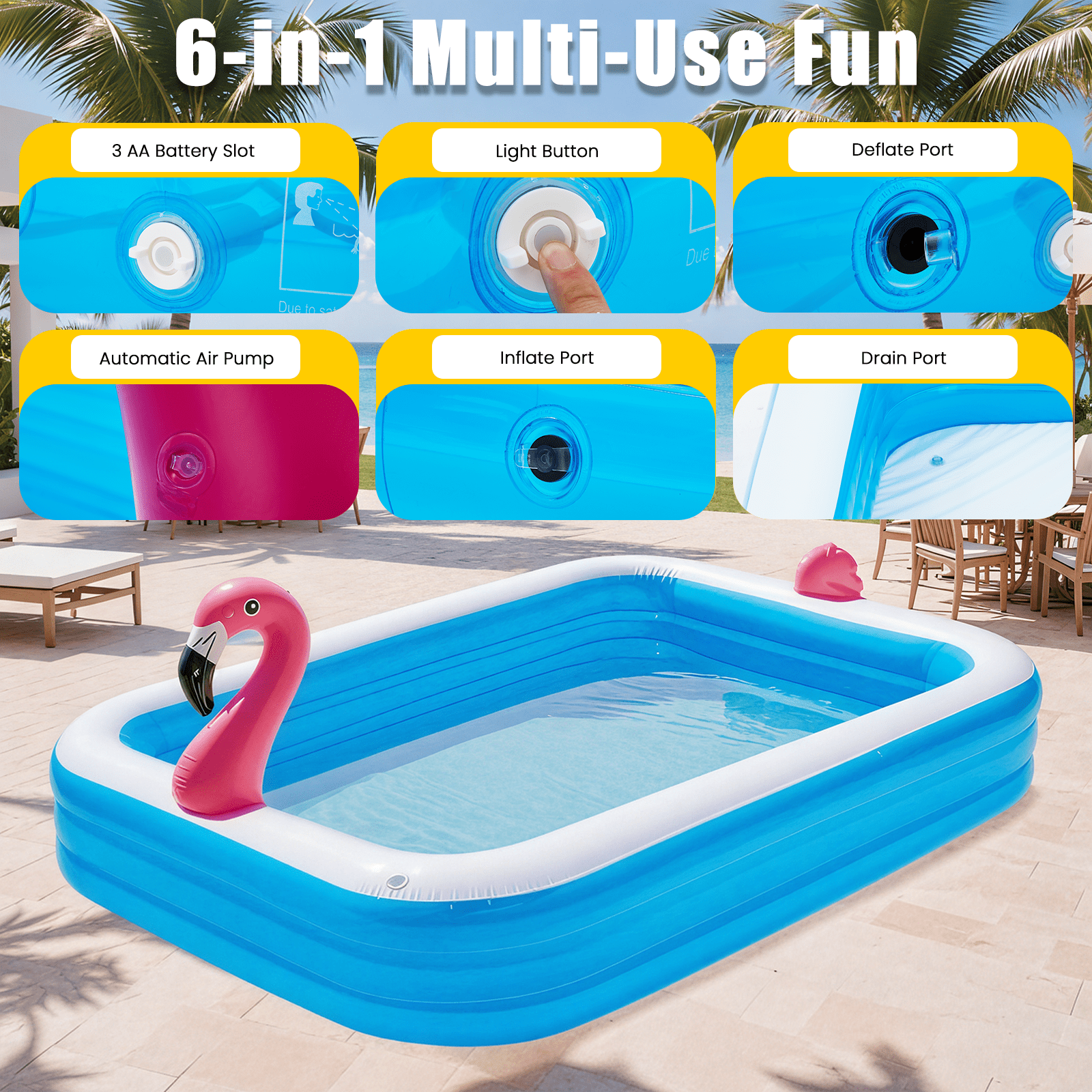 Danrelax 119" x 86" x 21" Inflatable LED Pool with 3 Modes, Electric Pump, Family Blow-Up Swimming Pool for Backyard, Adults and Kids
