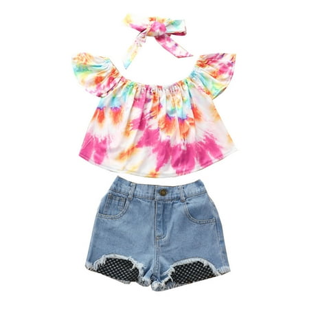

YWDJ 2-6years Girls Outfit Set Summer One-shoulder Top +hot Pants Denim Shorts + Headband Three-piece Suit Multicolor 110