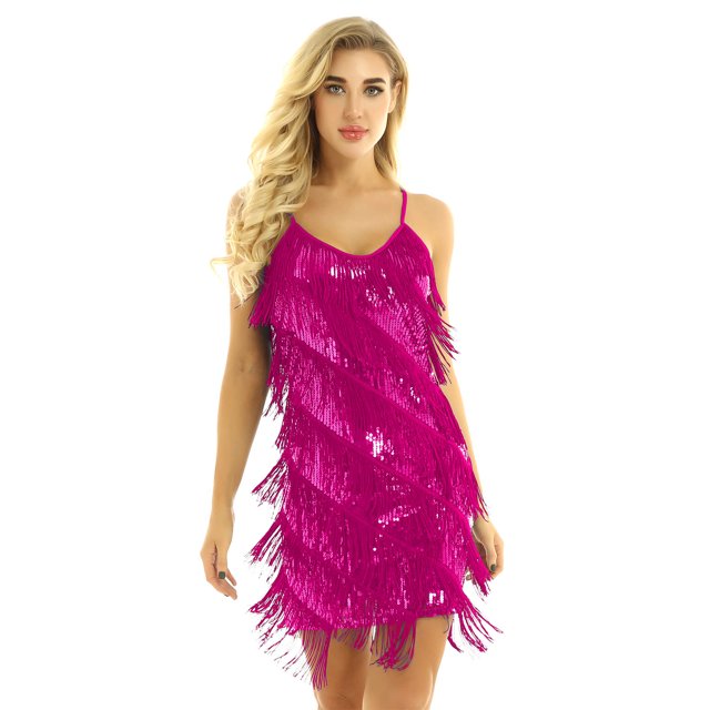 TSSOE Robe de Danse Latine Salsa pour Femmes Franges à Sequins Robe de Cocktail Costume de Fête Clubwear Rose Taille Unique