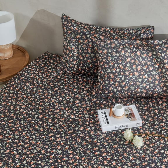 Floral Sheets King Size, Deep Pocket Sheets Black Soft Breathable Farmhouse 4pcs Bed Sheet Sets
