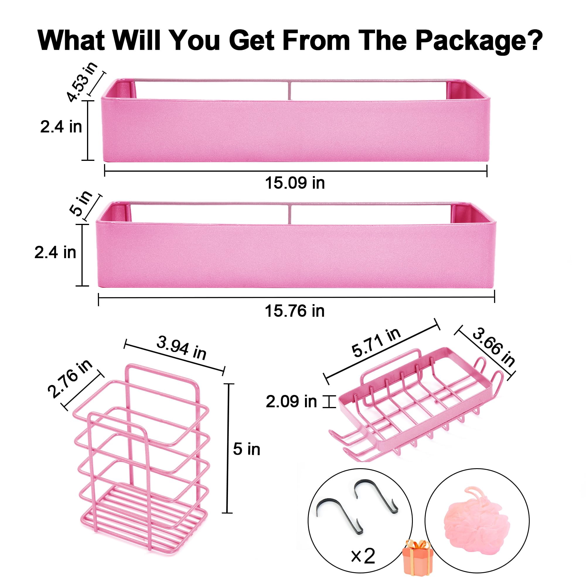 Shuntong Premium Shower Caddy, Adhesive Bathroom Shower Organizer and Storage, No Drill Shower Shelves for Inside Shower, Rustproof Shower Storage Rack 4 Pack Pink