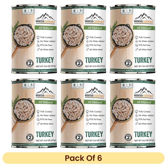 Mountain Essentials Canned Turkey 14.5 oz (Pack of 6) – Fully Cooked Ready-to-Eat White Meat, Shelf Stable Protein, No Carbs, Gluten Free, Emergency Food Supply, Camping & Pantry Staple, Made in USA