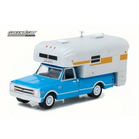1968 Chevy Cheyenne C10 w/ Silver Streak Camper, Blue w/ White - Greenlight 29922/48 - 1/64 Scale Diecast Model Toy