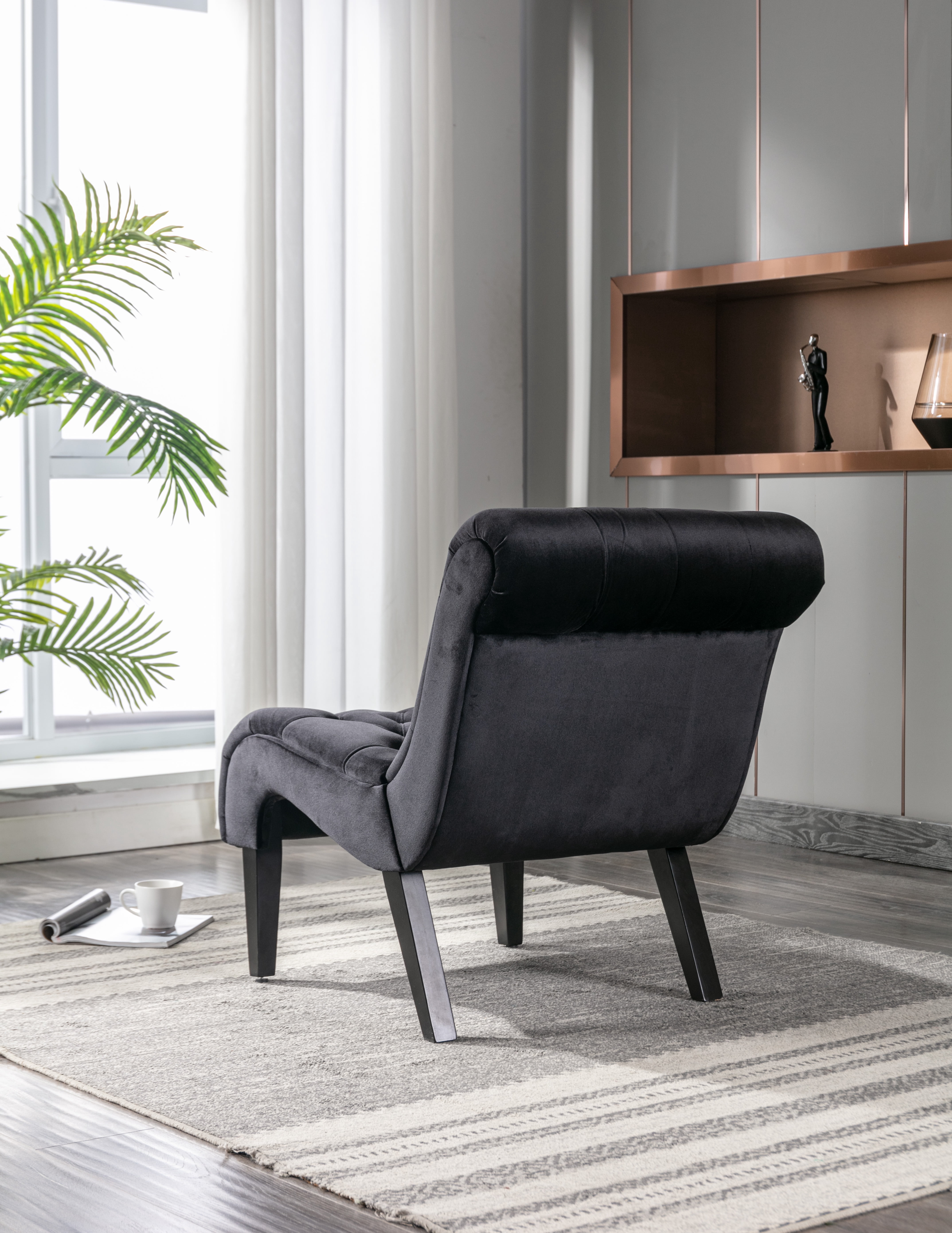 MAYEERTY Modern Velvet Armless Accent Living Room Leisure Chair,Upholstered Fabric Button Comfortable Chair with Wooden Legs for BedroomOffice，Black Velvet