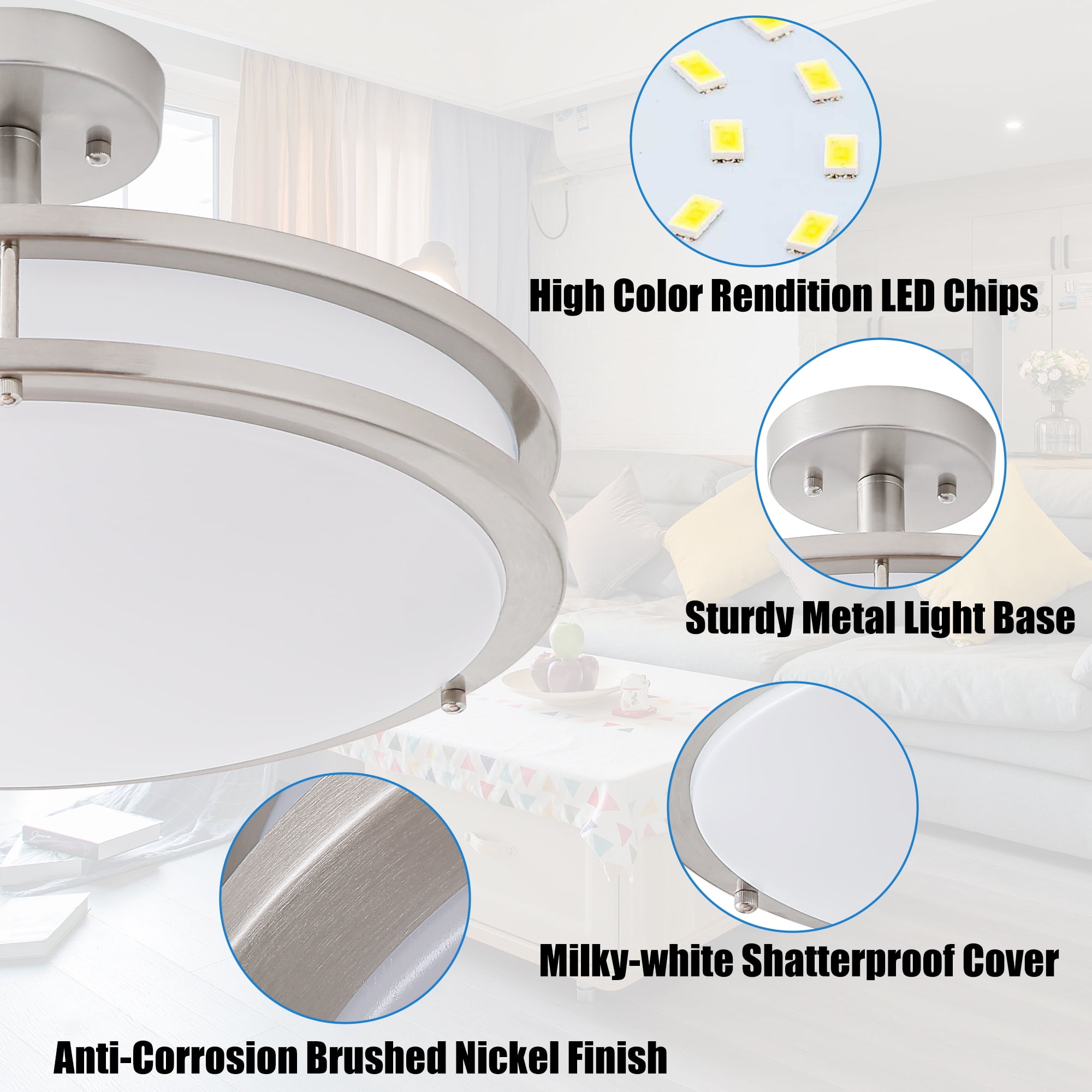 Lucere 14'' Modern LED Semi Flush Mount Ceiling Light Fixture ,Brushed Nickel Ceiling Light, 4000K Cool White, Dimmable, CETL Listed, Modern Lamps for Living Room Ceiling