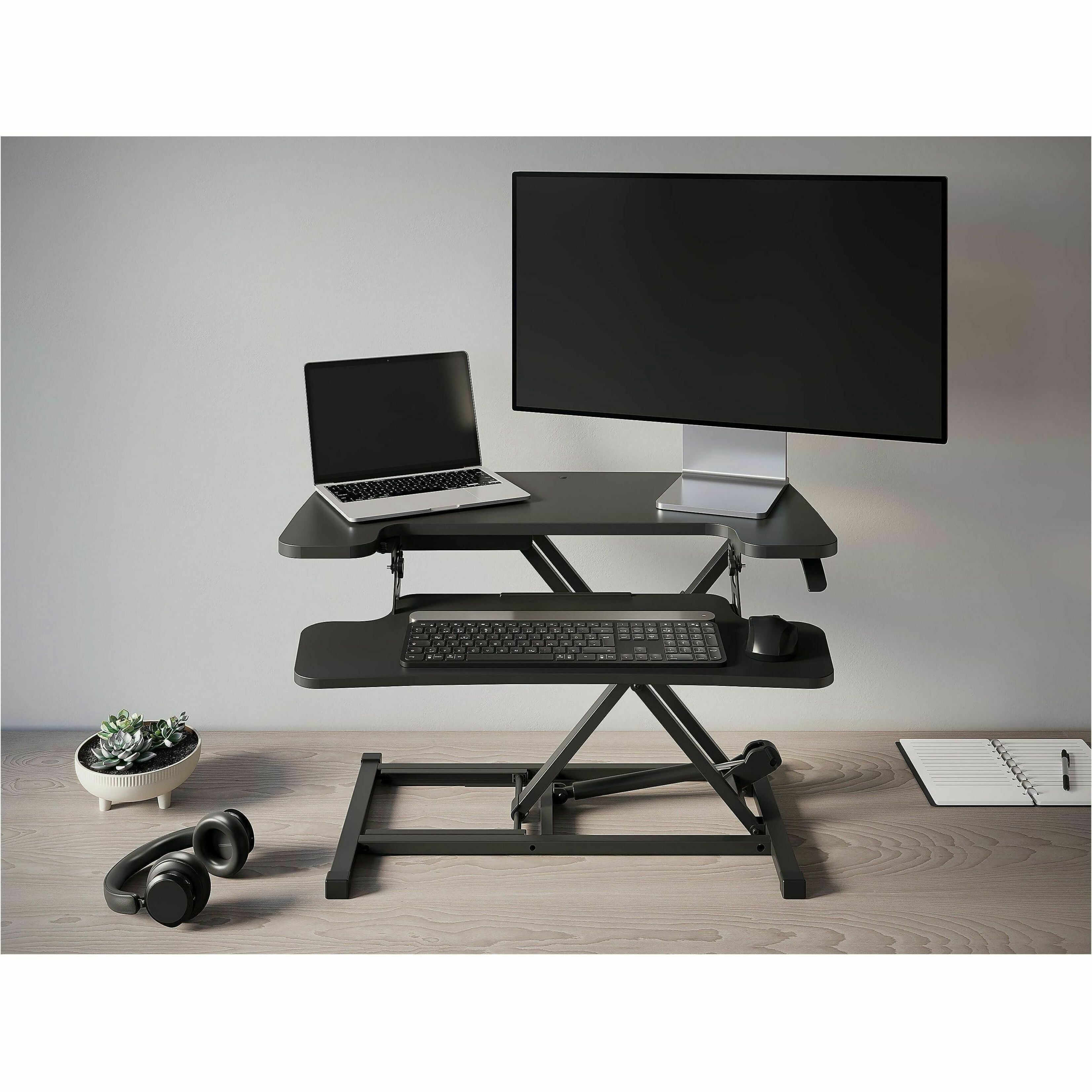 Realspace® P10 Pneumatic Standing Desk Riser Converter With Keyboard Tray, 20"H x 31-1/2"W x 25"D, Black
