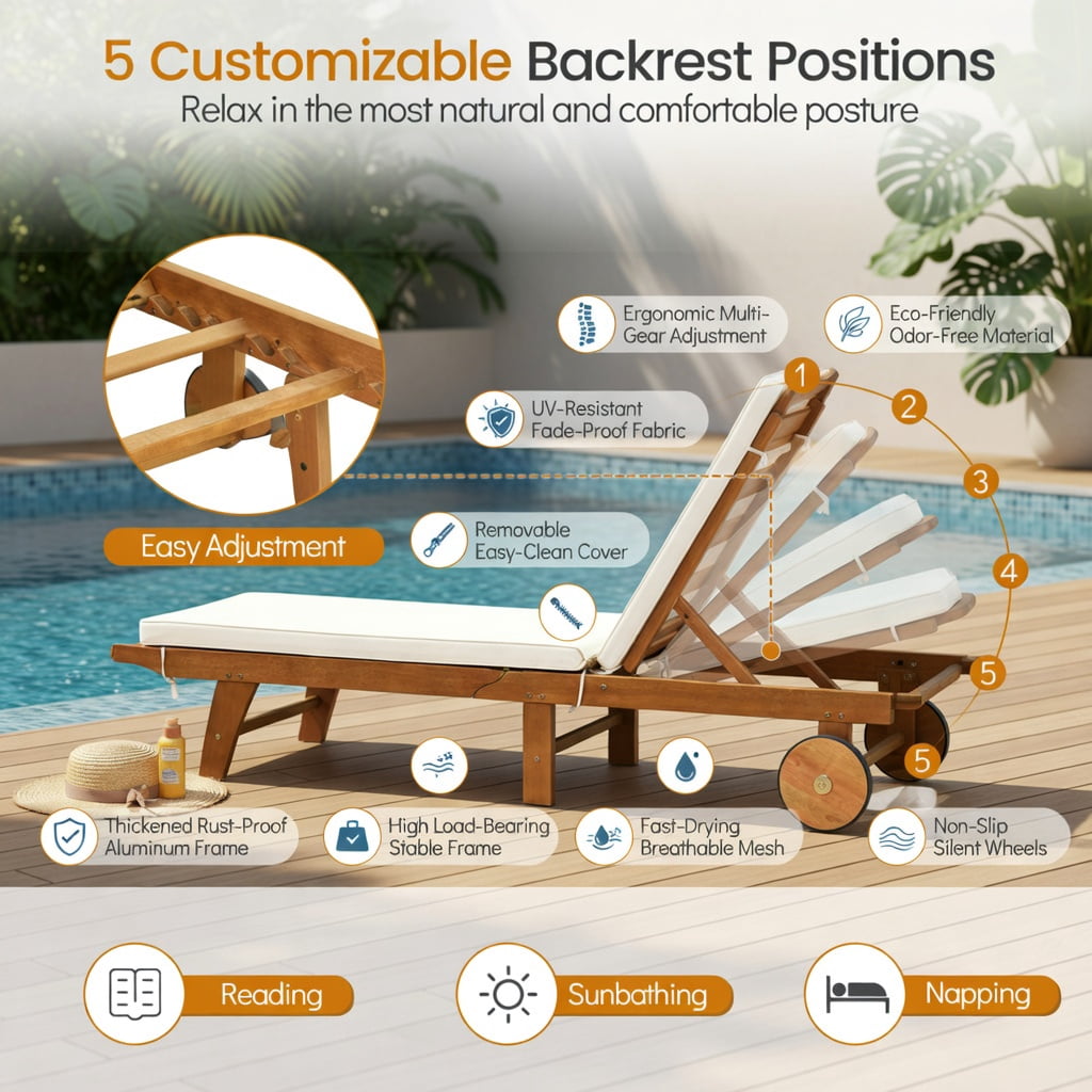 Hommoo Eucalyptus Wood Outdoor Chaise Lounge Chair with Cushion, 5-Position Reclining Patio Lounger, Foldable & Wheeled for Poolside, Garden & Deck, White