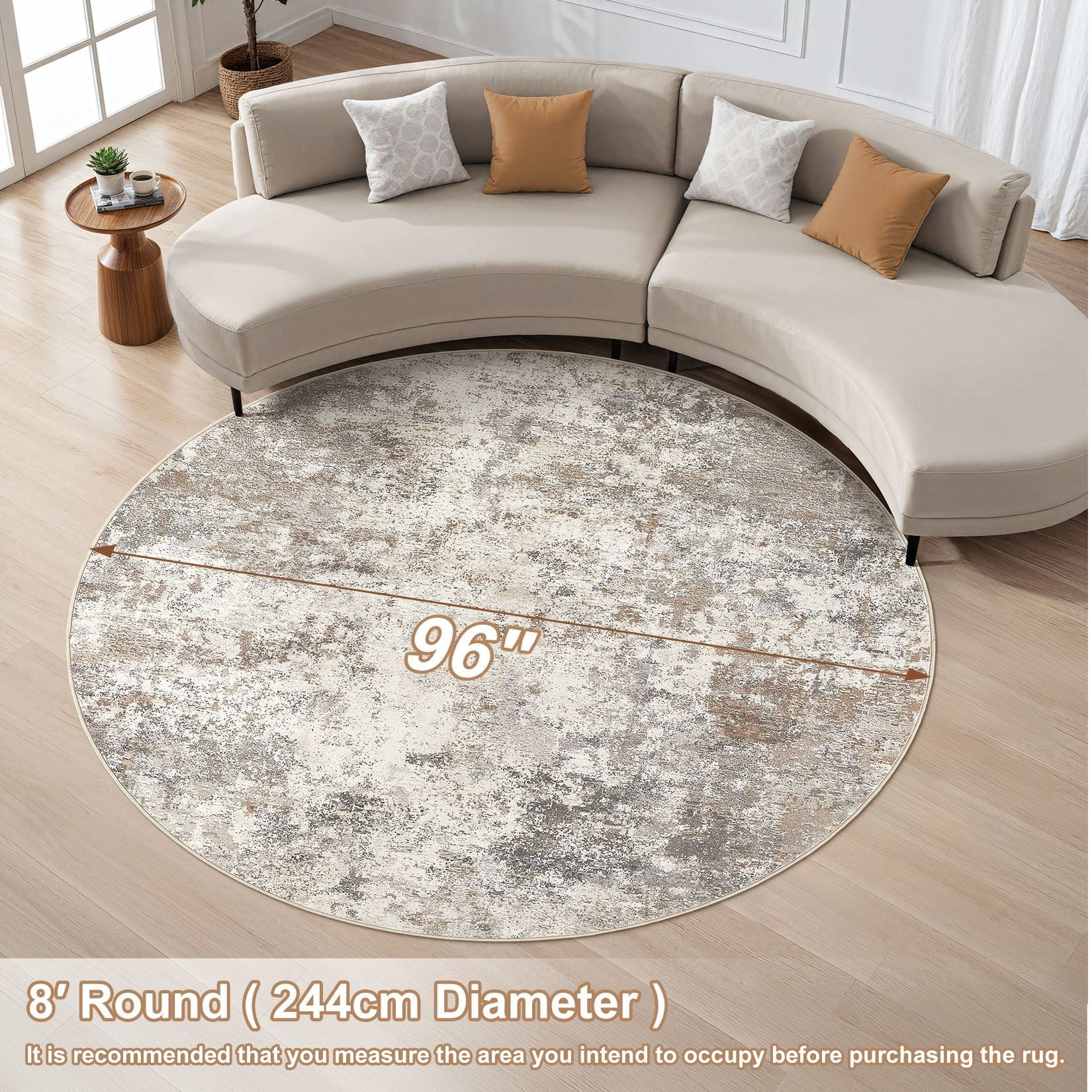Toyoso 8x8 Round Washable Area Rug Large Abstract Modern Brown Grey Circle Rug Machine Washable Luxury Area Rug For Living Room Dining Room Foyer Home Decor