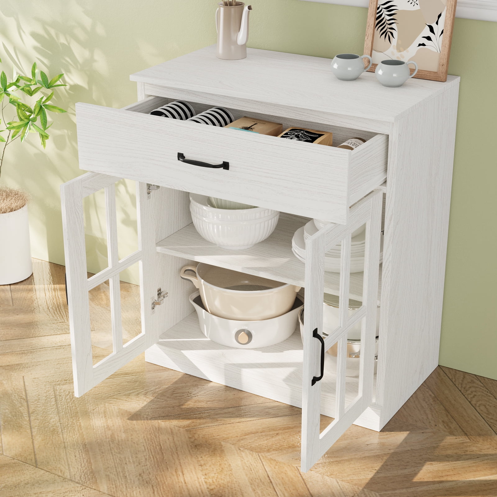 RichYa Kitchen Pantry Cabinet Set of 4,94" W Buffet Sideboard Coffee Bar with Glass Door Hutch,Modular Storage Cabinets with Shelves & Drawers for Dining Room,White(BEEB)