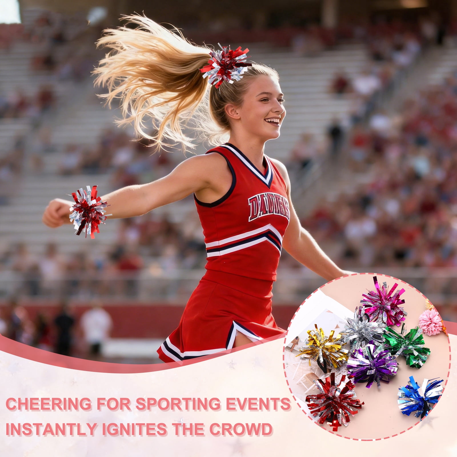Uxcell 24 Pcs Cheerleading Pom Poms Hair Ropes for Basketball Game,Outdoor Activities, Red