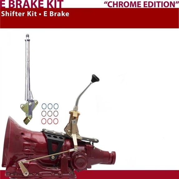 American Shifter PG Shifter Kit 8 in. E Brake Chrome Push Button 11 in. Handle Ringed Knob for D6AB8