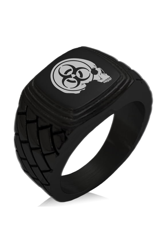 Stainless Steel Biohazard Skull Zombie Geometric Pattern Step-Down Biker Style Polished Ring
