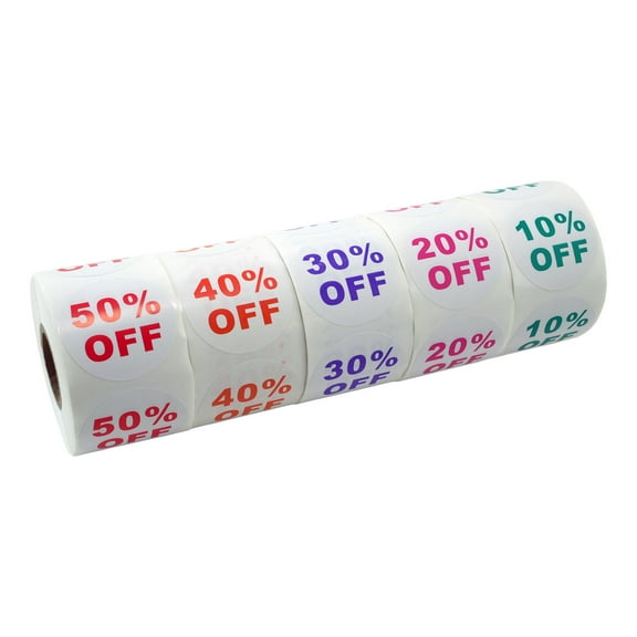 10%- to 50%-Off Sale Stickers, 1.5 Inch Round, Multicolor, 500 Labels Per Roll, 1 set of 5 rolls (10%, 20%, 30%, 40% and 50%)