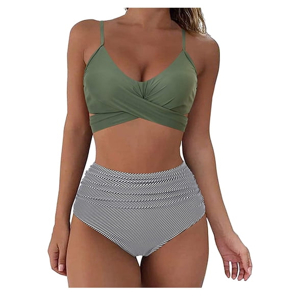 KaLI_store Womens Swimsuits Women's 2 Piece Swimsuits Printed Halter Triangle Tie Side Bikini Bathing Suits Green,M