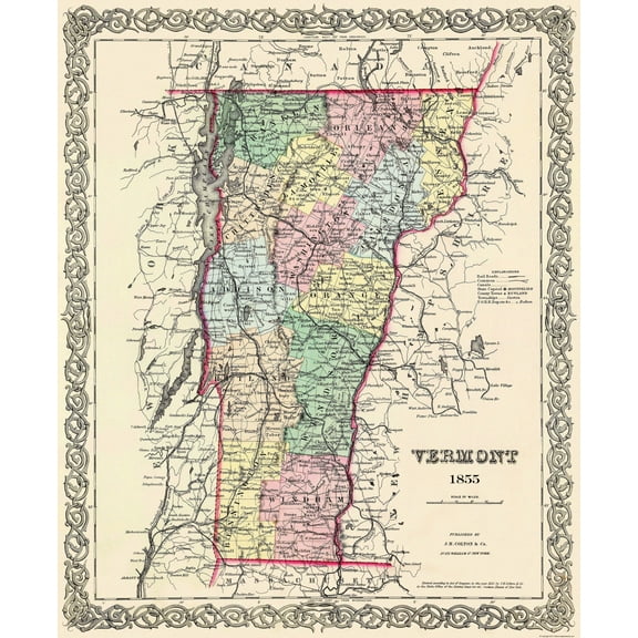 Historic State Map - Vermont - Colton 1855 - 23 x 28 - Vintage Wall Art