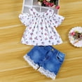 thumbnail image 2 of LNMQLPDBS Toddler Girl Short Sets Baby Girls Off Shoulder Floral Print Pleated Front Ruffle Hem Tops & Denim Lace Trim Shorts 2pcs Outfits 3 Year Old Girl Gifts Kids Summer Trendy Set, 2 of 4
