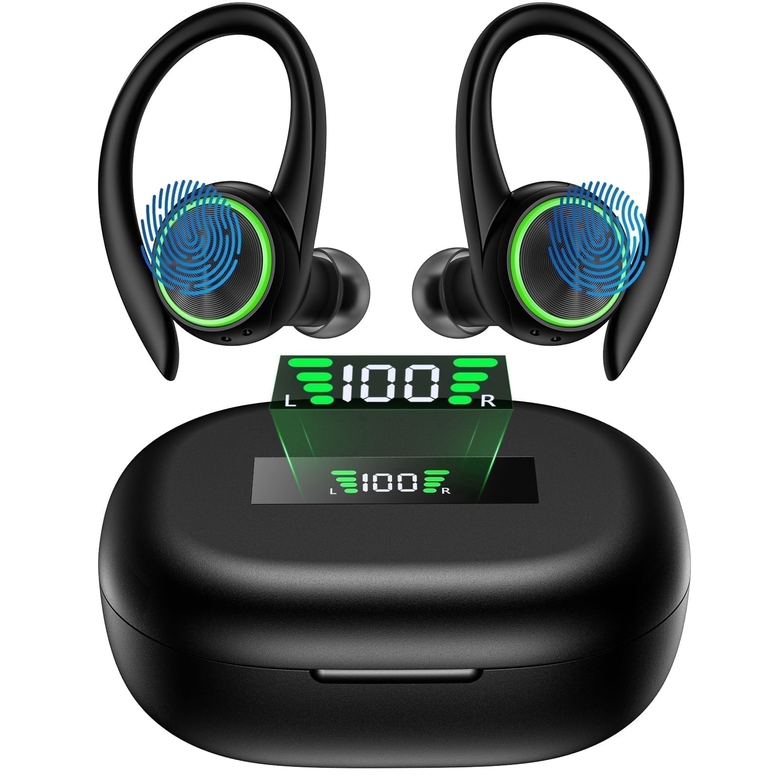 Wireless Earbuds with Ear Hooks,60H Playtime,LED Digital Display,Deep Bass Stereo Sound,Bluetooth 5.1,IPX7 Waterproof,Secure Fit Earbuds for Running